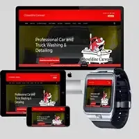 Responsive car detailing website shown on desktop, laptop, tablet, phone, and smartwatch screens