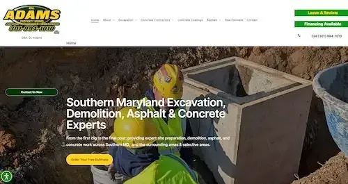 Website hero for Adams Environmental, showing a worker beside excavation equipment at a construction site