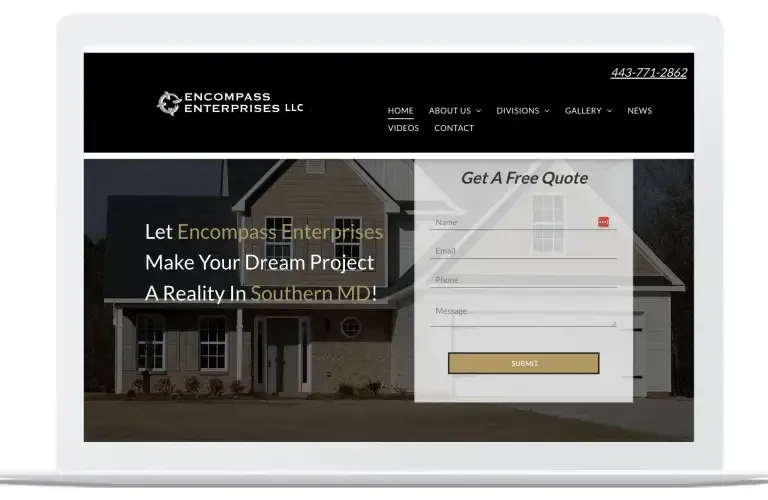 Homepage of Encompass Enterprises LLC with a house photo and a “Get A Free Quote” form.