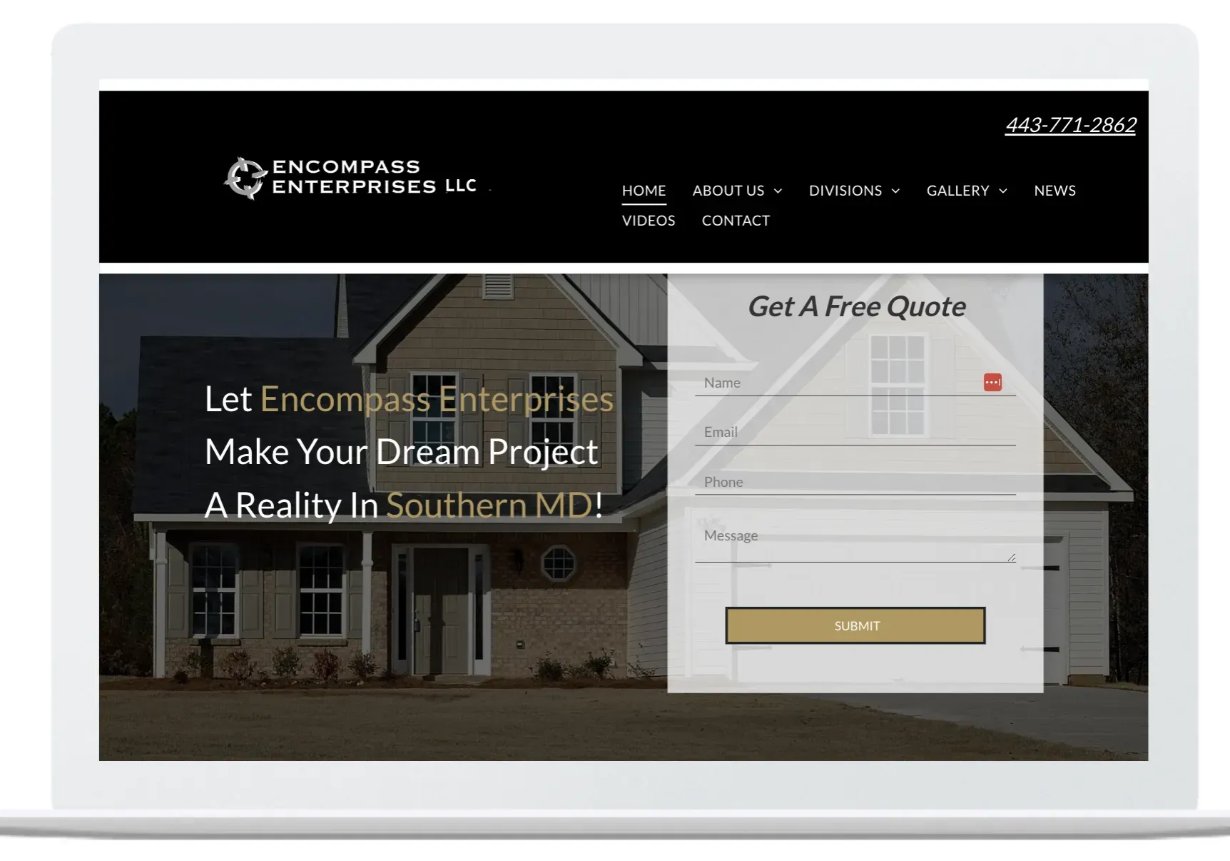 Website homepage with house background and a “Get a Free Quote” form on the right