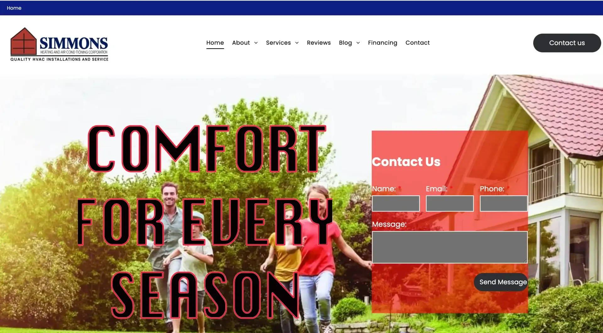 Simmons website homepage with “Comfort for Every Season” banner and contact form over a house and trees