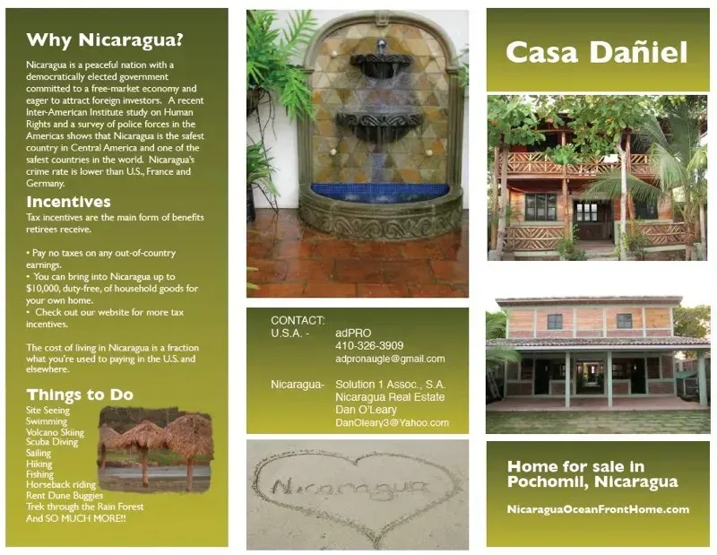 Brochure for Casa Daniel in Nicaragua, with house photos, fountain, and travel info about Pococí, Nicaragua