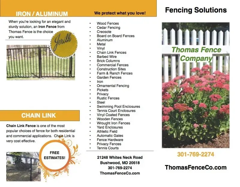 Thomas Fence Company ad with fence types, yellow header, chain link, iron/aluminum, and contact info