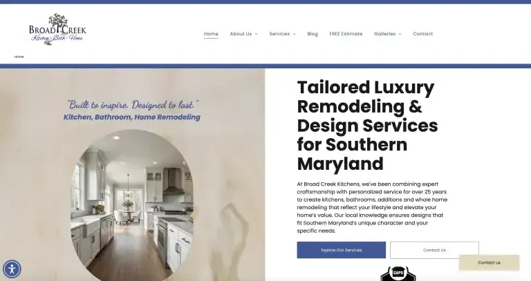 Homepage for Southern Maryland luxury remodeling and design services, with interior photo and call-to-action buttons