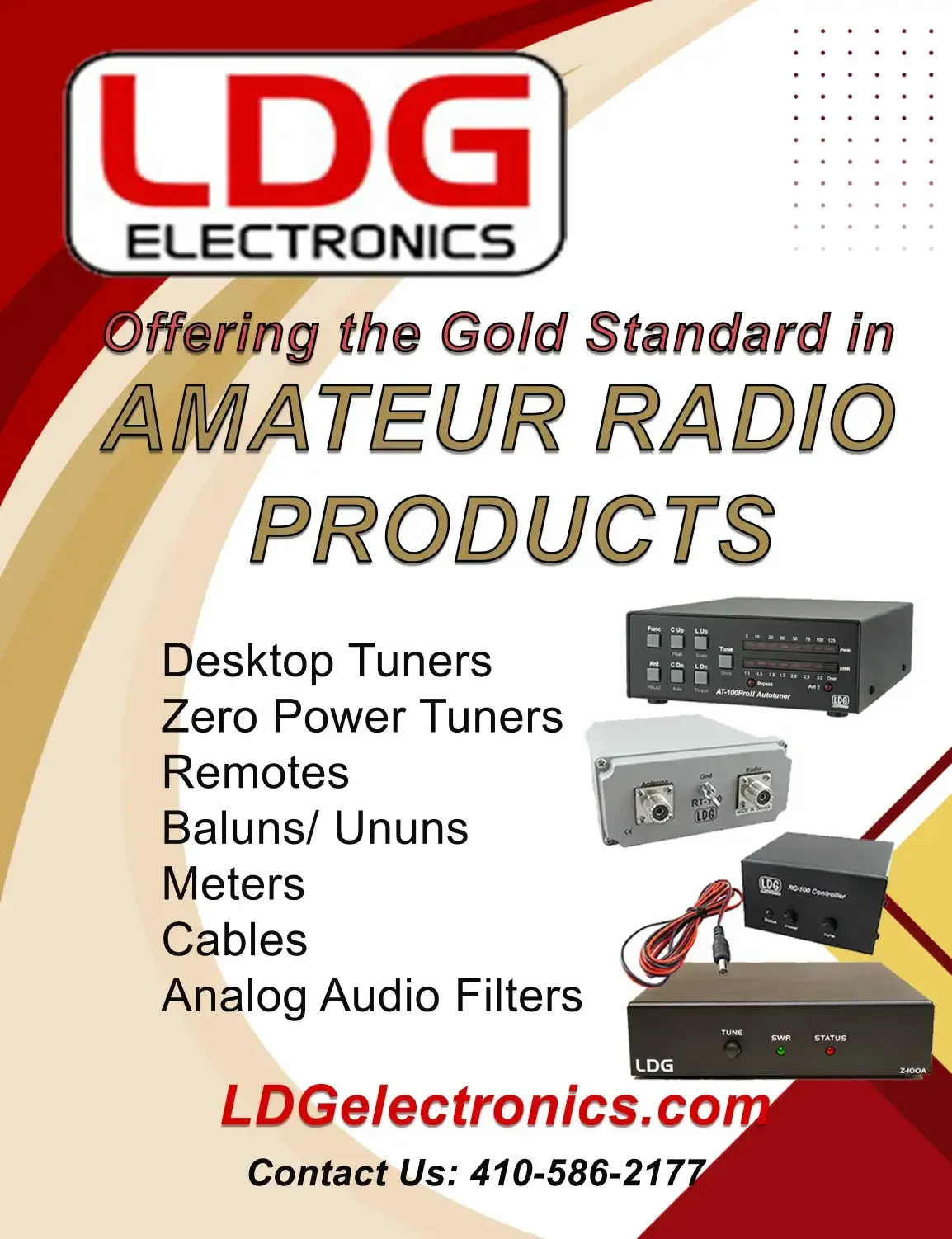 LDG Electronics ad for amateur radio products, with black/red logo and product photos on white background