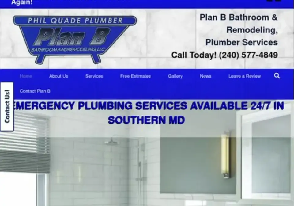 Phil Quade Plumber website banner with emergency plumbing services and contact information for Southern MD