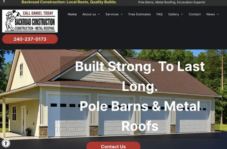 Homepage banner for C&C Barns and Metal, showing a yellow house with the text “Built Strong. To Last Long.”