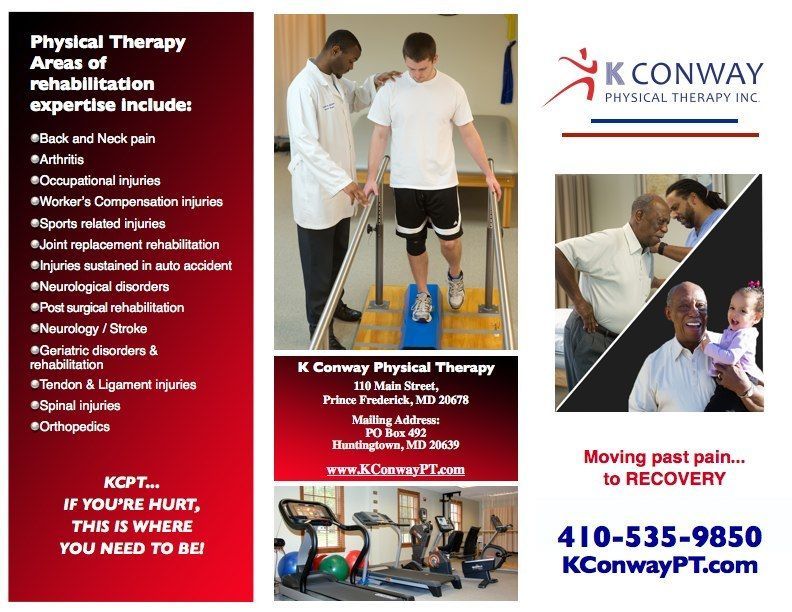 K Conway Physical Therapy ad with patients exercising and clinic contact details on red and white panels
