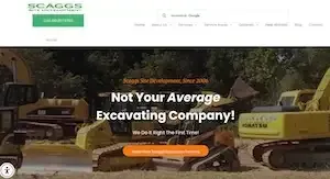 Website homepage for Seaggs Excavating, showing excavators and the headline “Not Your Average Excavating Company!”