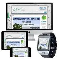 Responsive web design mockup on desktop, tablet, phone, and smartwatch screens displaying a website.