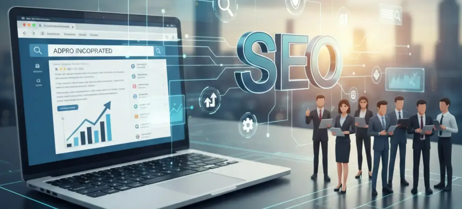 Laptop showing analytics dashboard with rising chart beside large SEO letters and business people in a digital office