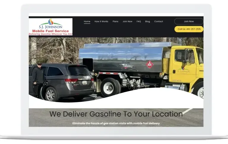 Website screenshot of a yellow-and-black delivery truck with the headline “We Deliver Gasoline To Your Location”
