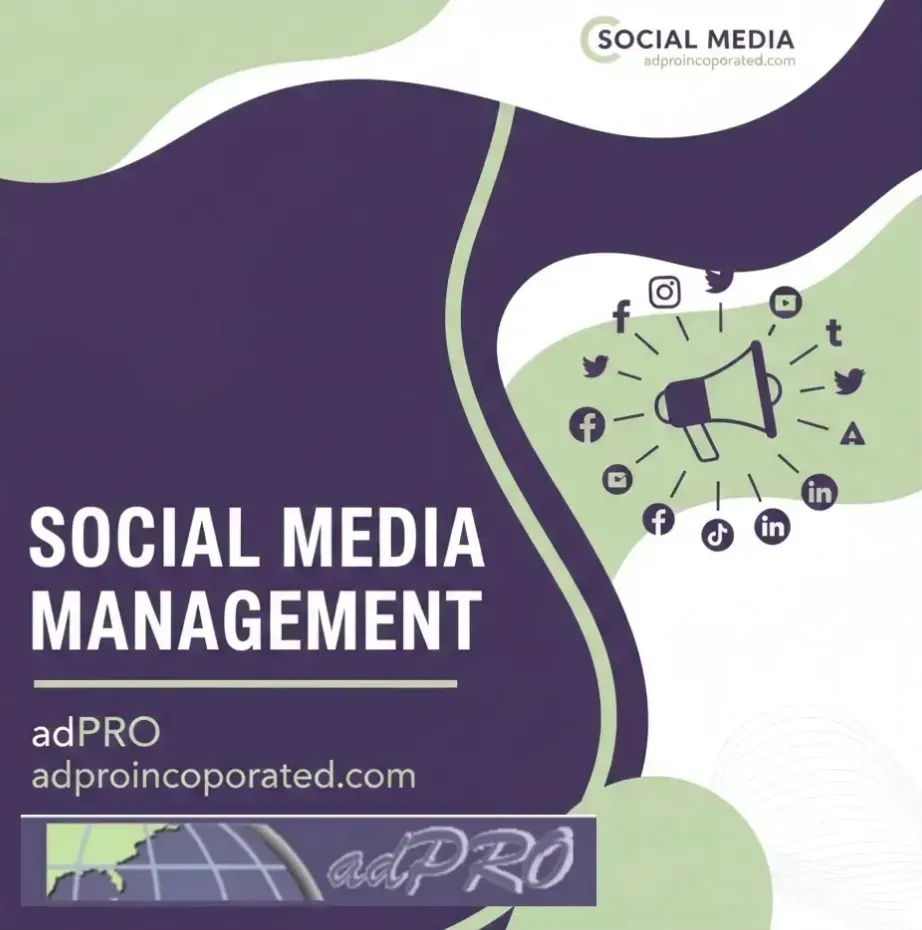 Social media management flyer with purple and green design, megaphone, and social icons.