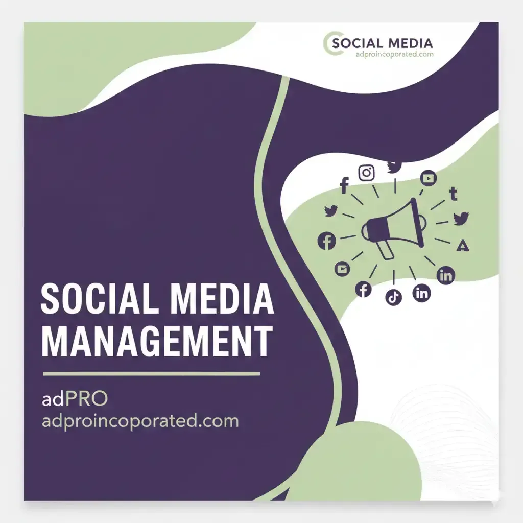 Social media management flyer with purple and green design and megaphone icon