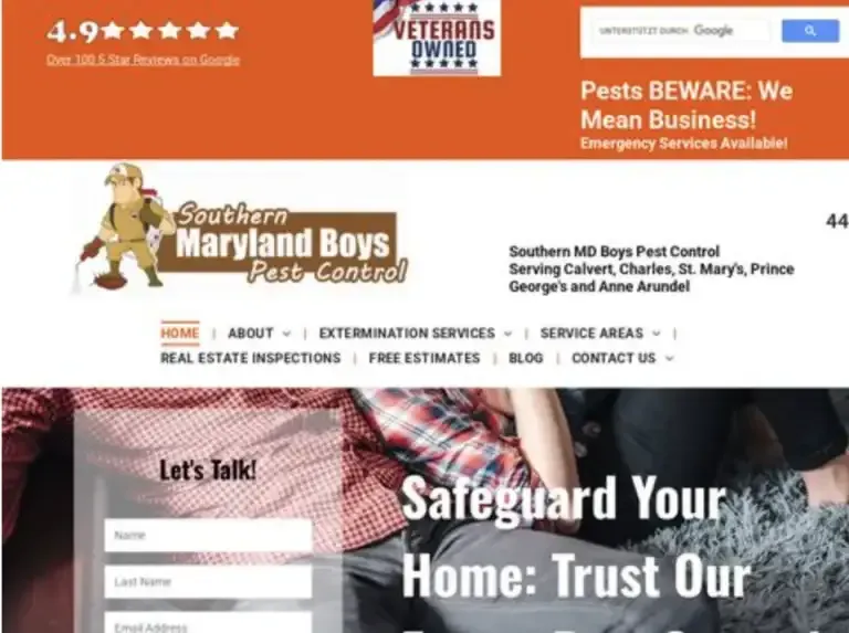 Brown homeowners pest control website homepage with orange header, logo, and hero banner