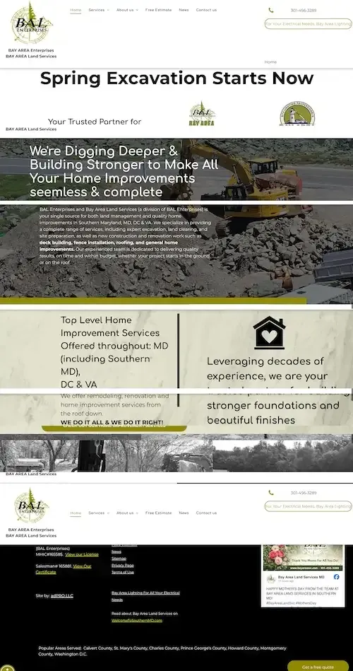 Website homepage advertising spring excavation services with a construction site photo and contact information sections
