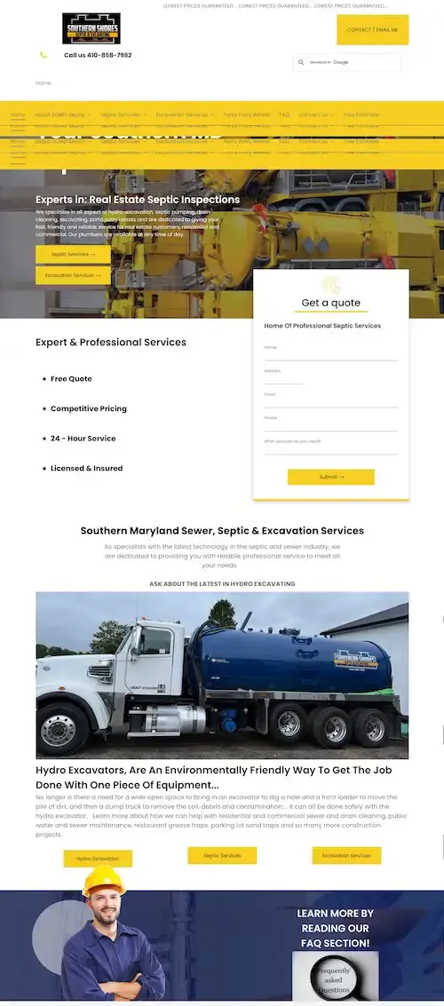 Yellow-heavy transport company webpage with a white quote form, truck photo, and service sections