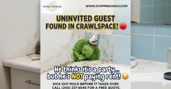 Uninvited guest found in crawlspace: plush toy in a bathroom with text about a party guest not paying rent