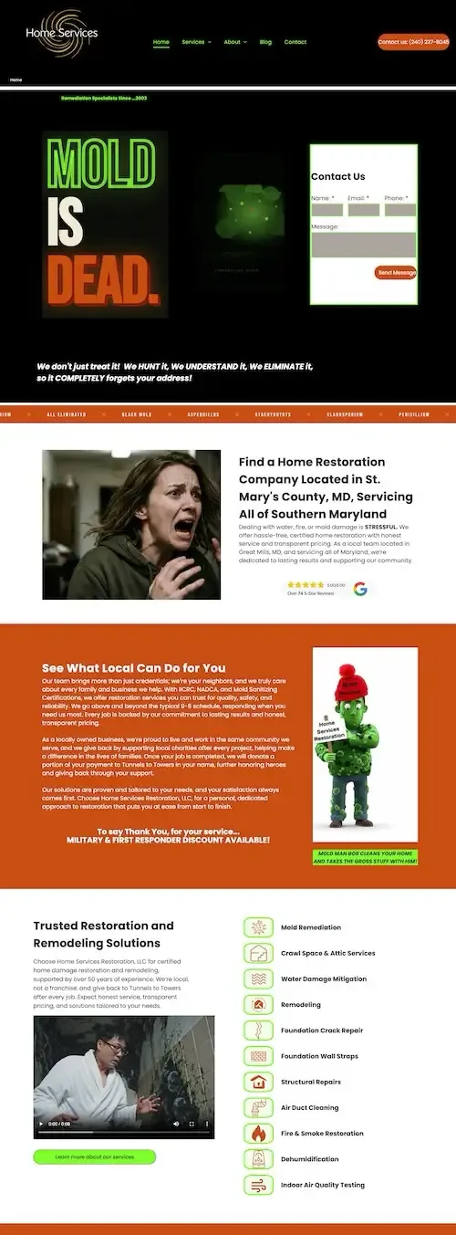 Dark website homepage with bold green “IS DEAD” headline and article blocks on black, orange, and white sections