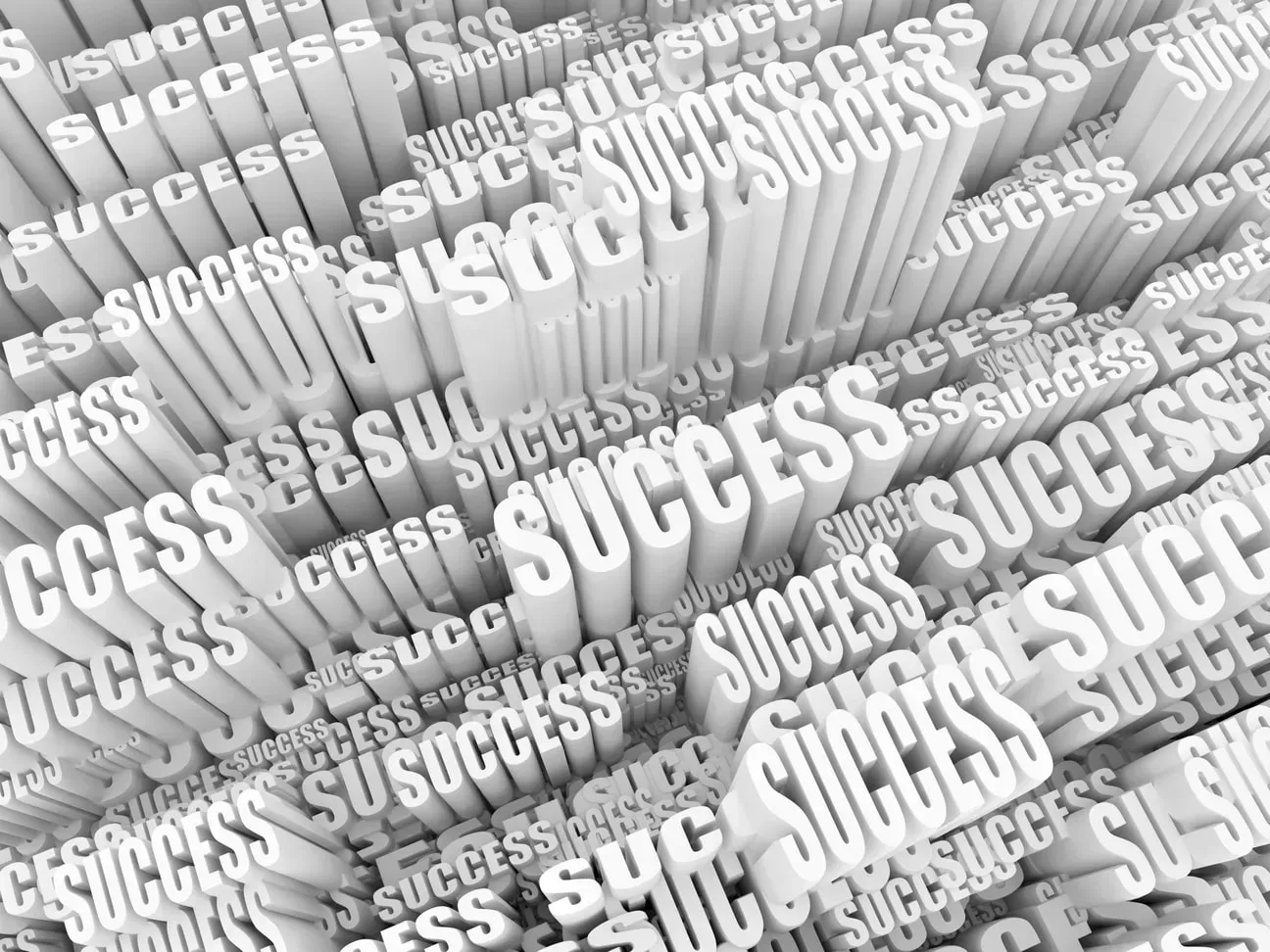 Gray 3D word cloud repeating “SUCCESS” in white letters across a textured background