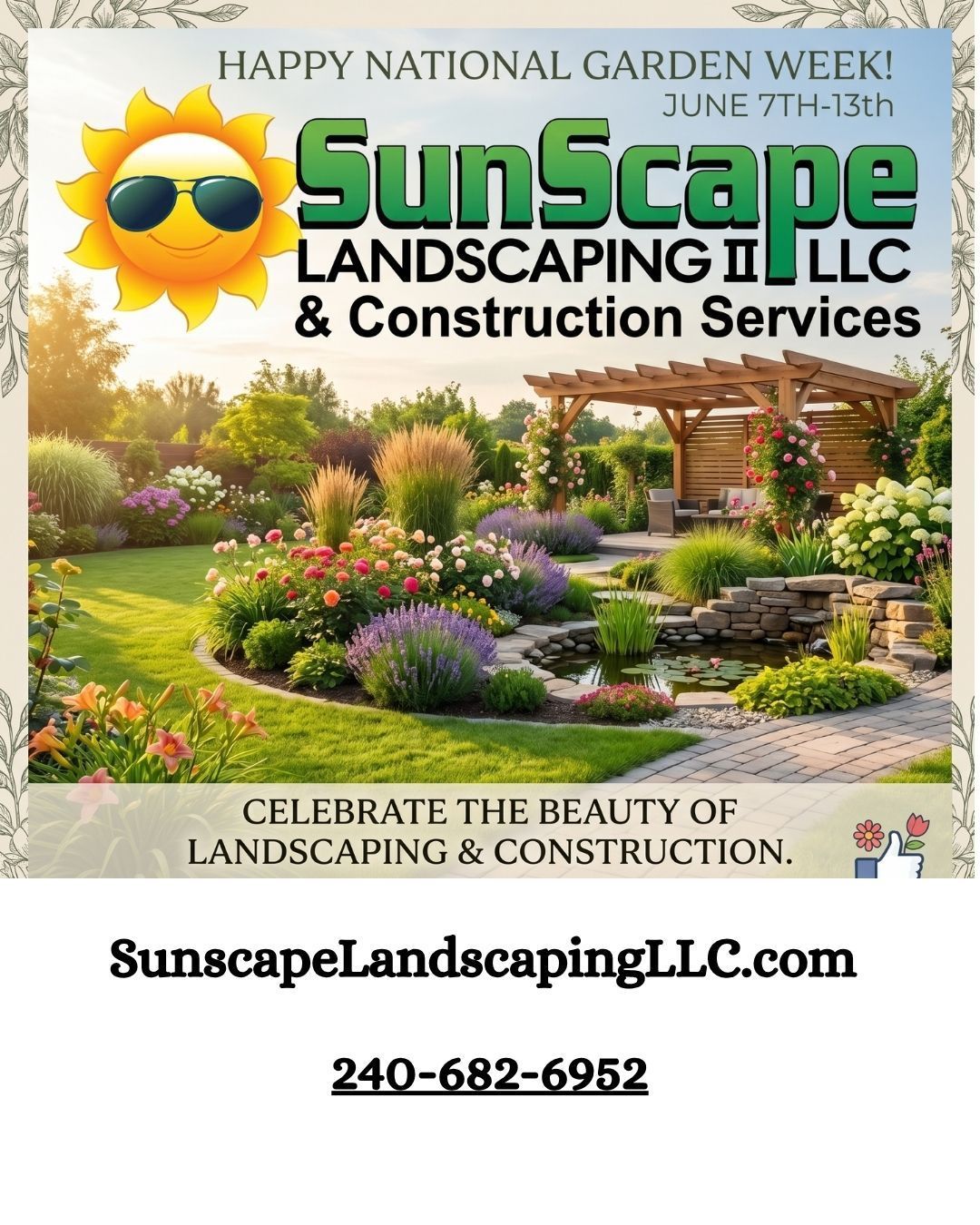 SunScape Landscaping & Construction Services ad with colorful garden, sun logo, website, and phone number