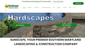 Sunscape Landscaping website banner for hardscapes, with stone walkway and green call-to-action buttons