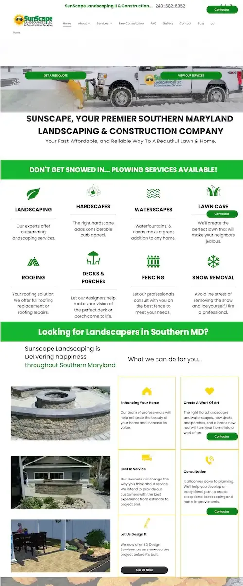 Green-and-white municipal solid waste management webpage with truck banner and service icons