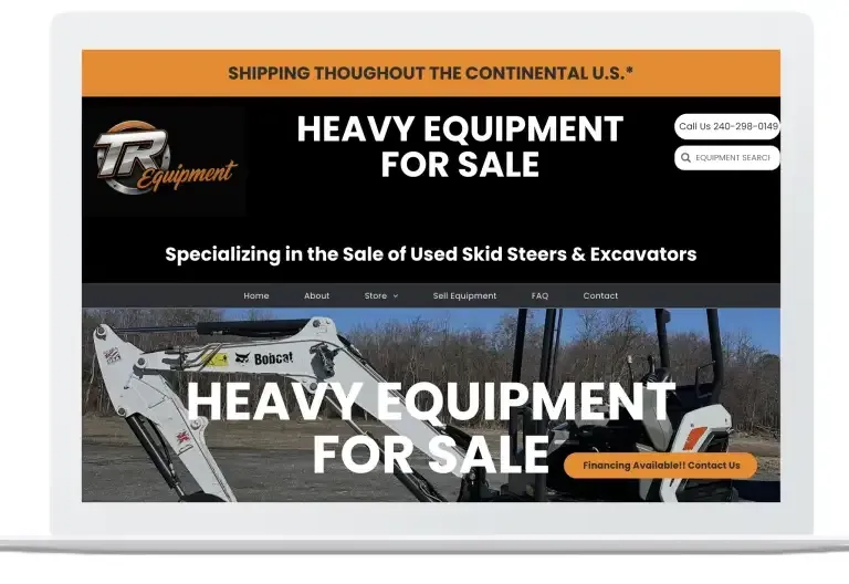 Heavy equipment for sale website banner with truck and excavator imagery, black and orange design.