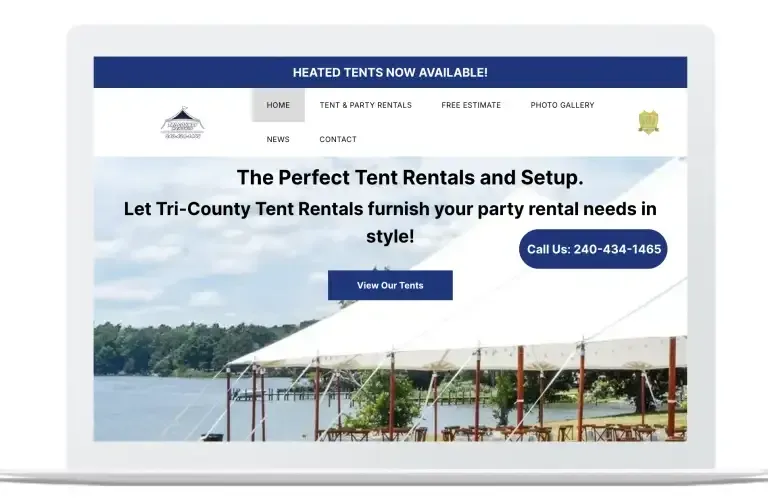 Tent rental website banner with blue header, white text, and a tented waterfront event photo
