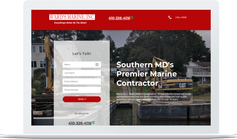 Website homepage for Martin’s Masonry with red header and hero image of waterfront patio construction