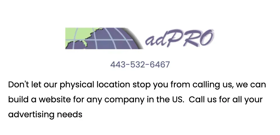 AdPRO logo with phone number and text promoting national ad services via website or phone