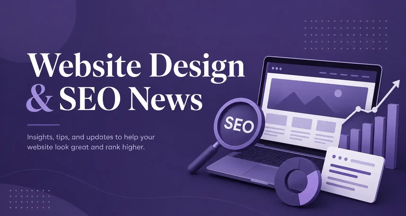 Website Design & SEO News banner with purple laptop, magnifying glass, and analytics charts