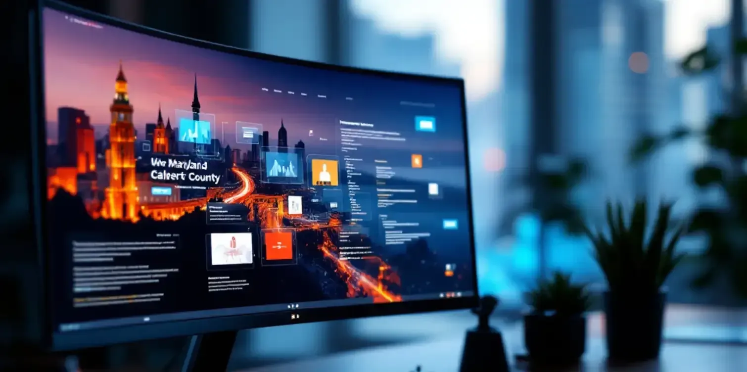 Modern desktop monitor displaying a cityscape website in a dim office setting, with blurred decor in the background