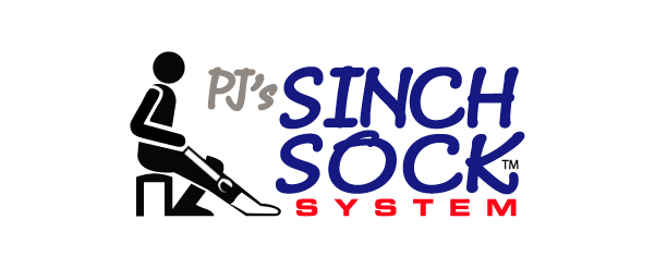 PJ’s Sinch Sock System logo with a black sock-pulling icon and blue and red text on a white background