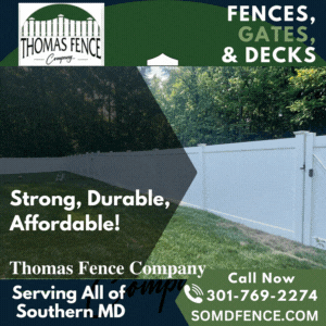 Thomas Fence Company ad for white fences, gates and decks, with phone number and website.