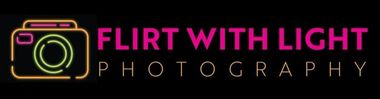 Flirt With Light Photography logo with neon camera icon on black background