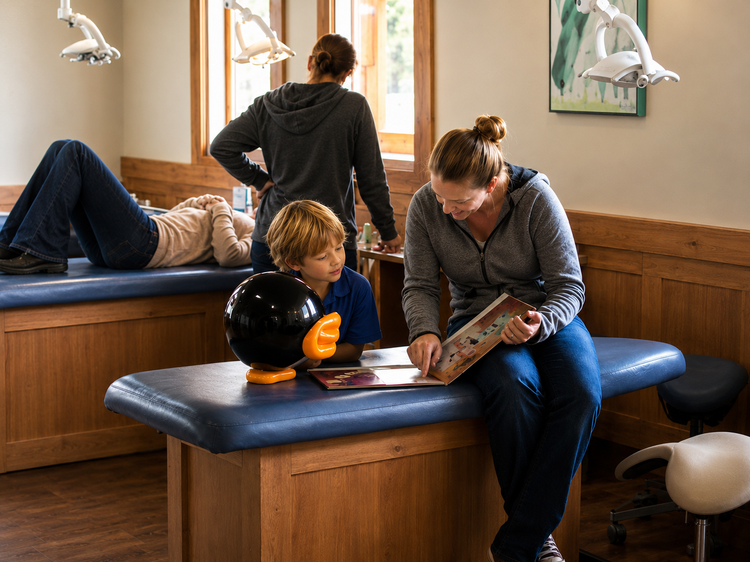 Patients and visitors in a dental office waiting room, one child reading beside a black balloon sculpture