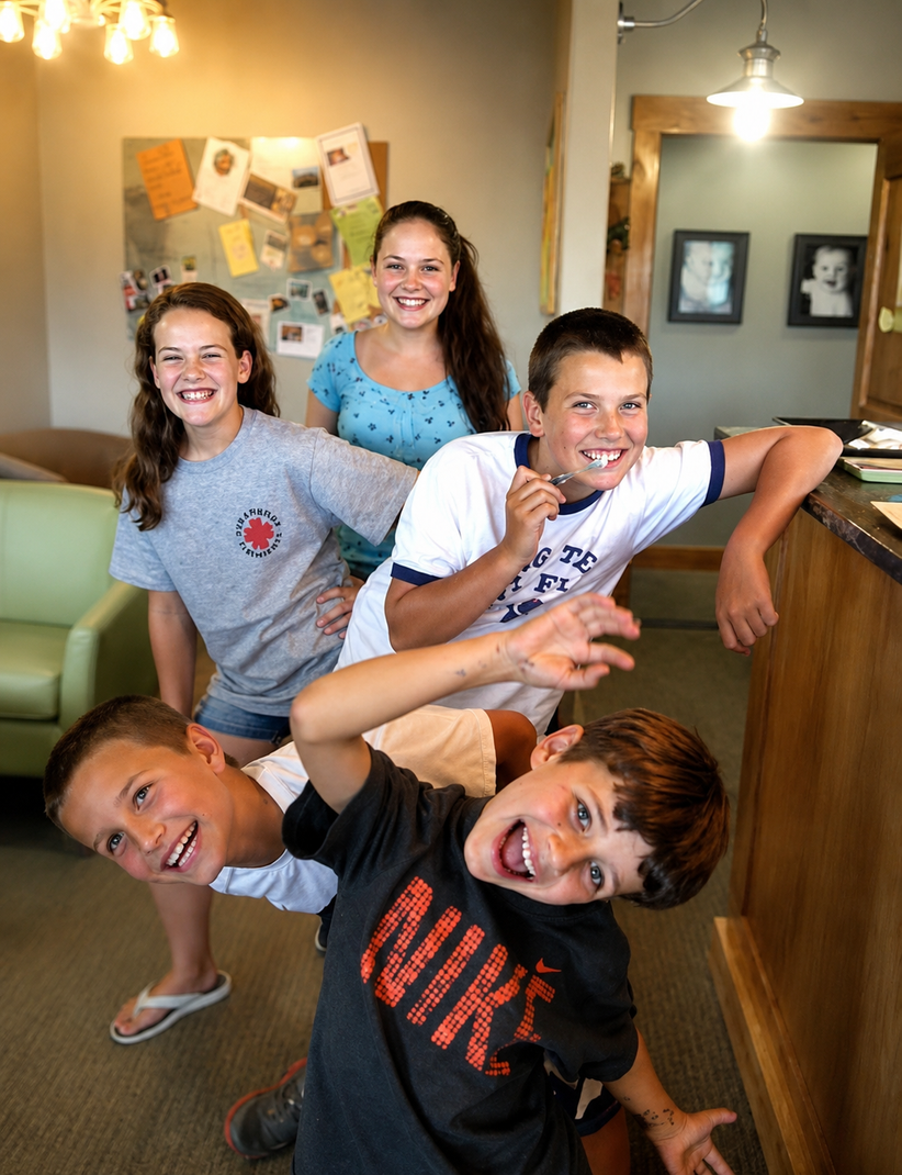 Five people leaning playfully over a counter in a warm indoor cafe or lobby.