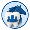 Blue circular logo with a white tooth and three people silhouettes inside, topped by a blue horse head.