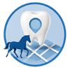 Blue logo with a white map pin over a map grid and a dark blue dog silhouette in the foreground