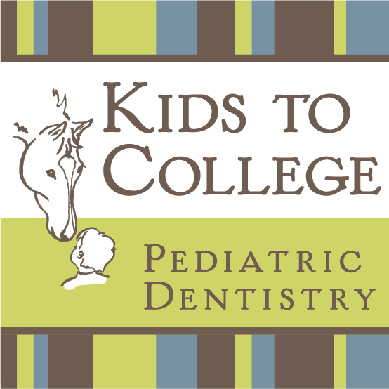 Kids to College Pediatric Dentistry logo with horse and child silhouette on green and brown striped background