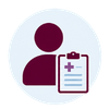 Doctor icon with clipboard and medical cross in burgundy and blue
