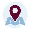 Purple location pin over a folded map icon on a white background
