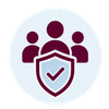 Three people icon behind a shield with a checkmark in purple and maroon