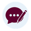 Maroon chat bubble with three white dots and a pencil icon on a light blue circle