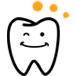 Smiling white cartoon tooth logo with orange dots above it