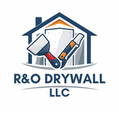 Logo for R&O Drywall LLC featuring a house outline, a drywall taping knife, and a utility knife in dark blue and orange.