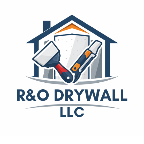 Logo for R&O Drywall LLC featuring a house outline, a drywall taping knife, and a utility knife in dark blue and orange.