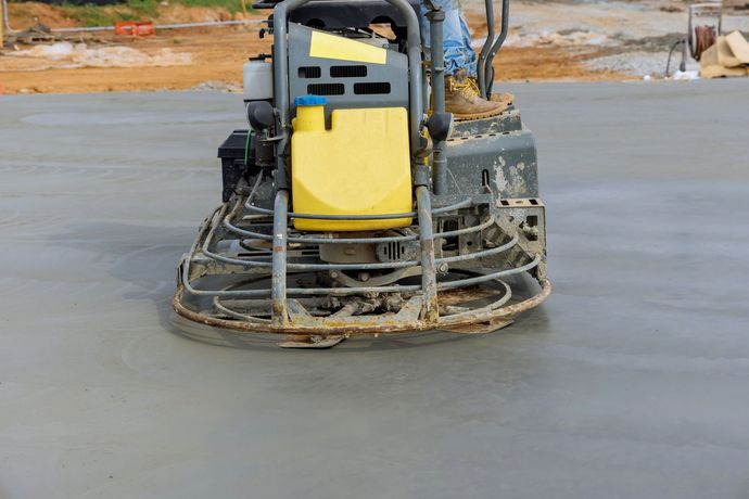 A person operating a walk-behind power trowel to smooth a fresh concrete slab on a construction site.
