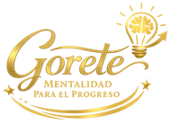 Logo dorado de “Gorete Mentalidad para el Progreso” con bombilla y cerebro estilizado.